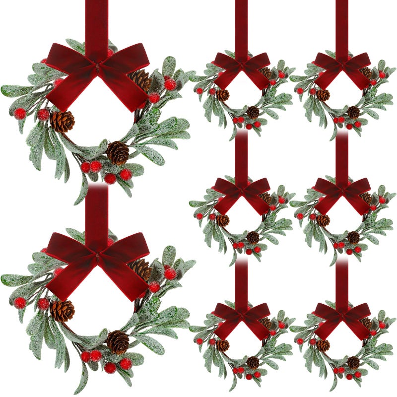 Knitgrip 8 Pcs Christmas Mini Wreaths for Cabinet 8 Inch Flocked Mistletoe Wreath with Bow Artificial Berries Pinecones for Christmas Holiday Kitchen Cabinet Window Chair DecorRed - Image 2