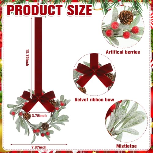 Knitgrip 8 Pcs Christmas Mini Wreaths for Cabinet 8 Inch Flocked Mistletoe Wreath with Bow Artificial Berries Pinecones for Christmas Holiday Kitchen Cabinet Window Chair DecorRed - Image 3