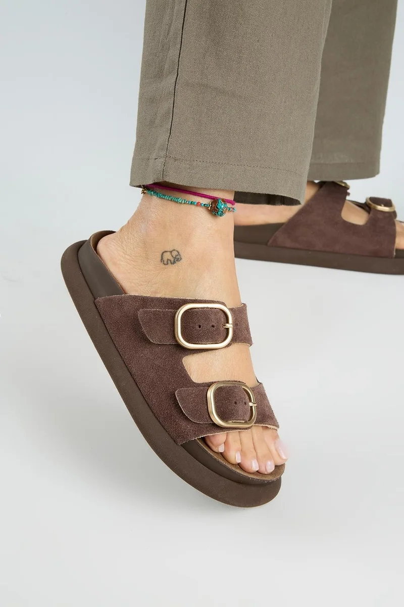 Manijero Manijero Lavanda Women's Genuine Leather Double Buckle Brown Slippers
