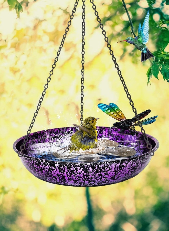 Keygift Hanging Bird Bath for Outdoor 11 Inch Colorful Purple&Blue Metal Bird Feeder Birdbath Bowl Mounted Rust-Proof Black Chain Metal Dragonfly Yard Art Garden Decor - Image 2