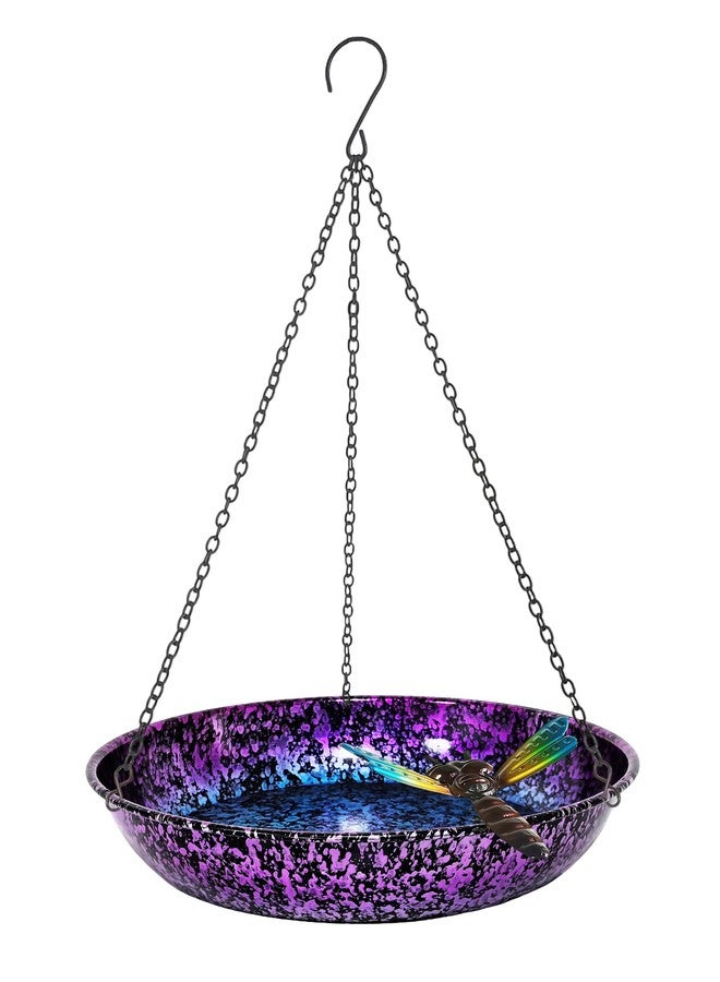 Keygift Hanging Bird Bath for Outdoor 11 Inch Colorful Purple&Blue Metal Bird Feeder Birdbath Bowl Mounted Rust-Proof Black Chain Metal Dragonfly Yard Art Garden Decor - Image 1