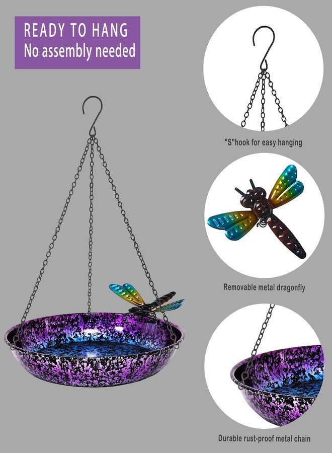 Keygift Hanging Bird Bath for Outdoor 11 Inch Colorful Purple&Blue Metal Bird Feeder Birdbath Bowl Mounted Rust-Proof Black Chain Metal Dragonfly Yard Art Garden Decor - Image 5
