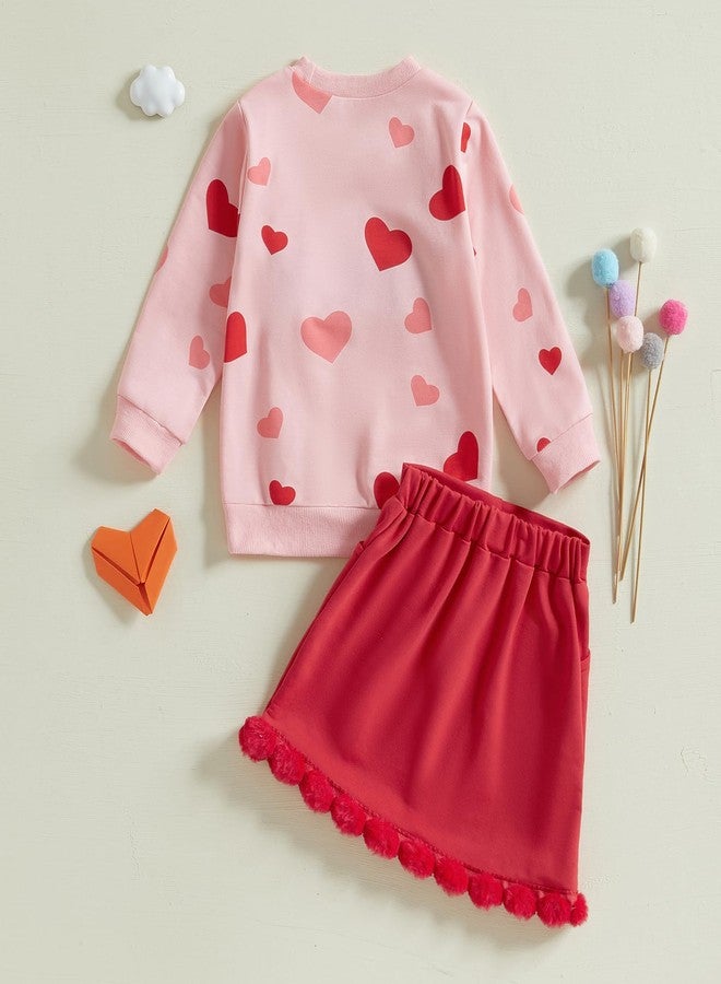 SAYOO Toddler Baby Girl Valentines Day Outfit LOVE Embroidery Heart Sweatshirt Top A-line Skirt Plush Ball Spring Clothes (Red, 18-24 Months) - Image 3