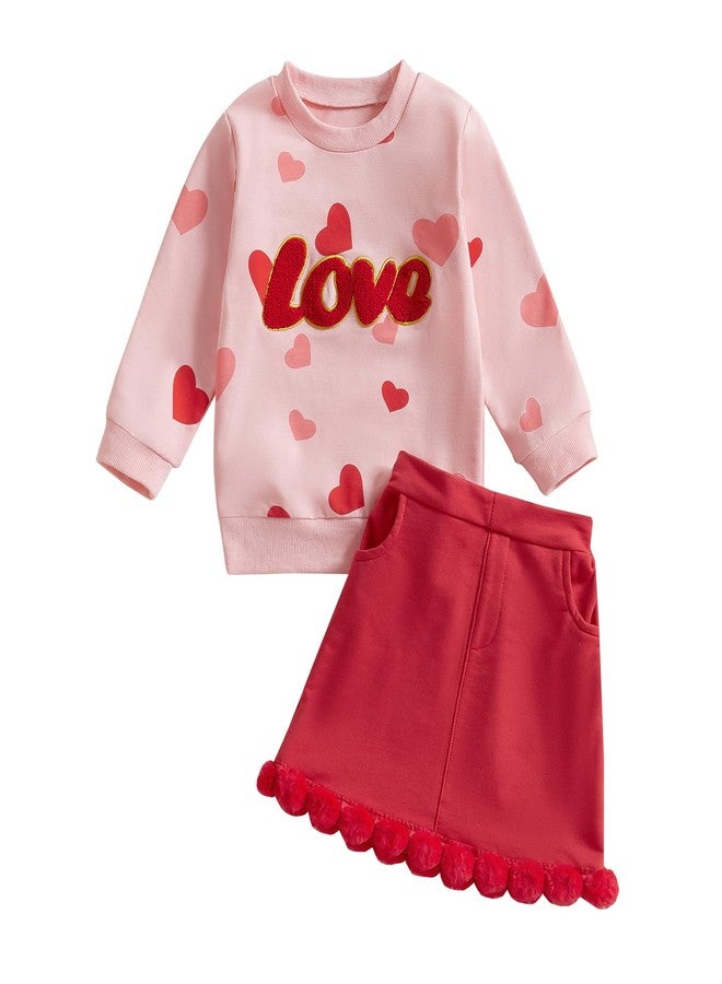 SAYOO Toddler Baby Girl Valentines Day Outfit LOVE Embroidery Heart Sweatshirt Top A-line Skirt Plush Ball Spring Clothes (Red, 18-24 Months) - Image 1