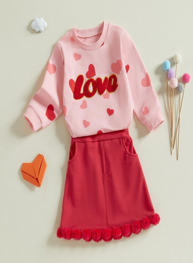 SAYOO Toddler Baby Girl Valentines Day Outfit LOVE Embroidery Heart Sweatshirt Top A-line Skirt Plush Ball Spring Clothes (Red, 18-24 Months) - Image 2