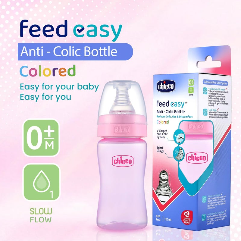 Chicco زجاجة حليب شيكو فيد إيزي البلاستيكية للأطفال والرضع، نظام مضاد للمغص على شكل V لمنع المغص والغازات والانزعاج، خالية من BPA، تدفق بطيء، 0 شهر+ (125 مل، وردي) - Image 2