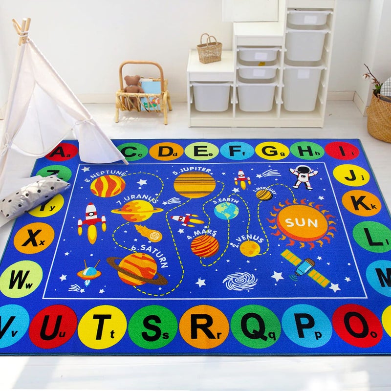 Capslpad ABC Alphabet Kids Rug Outer Space Educational Learning Area Rug 50 x 66 Non Slip Solar System Galaxy Planets Play Rug Carpet for Children