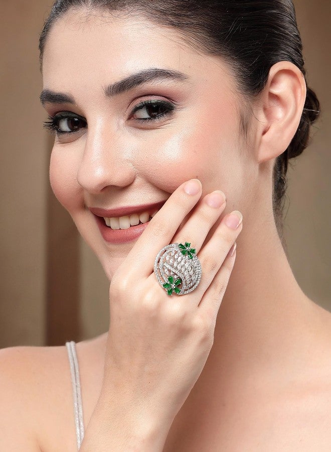 Karatcart Stylish Green American Diamond Silver-Plated Round Floral Cocktail Rings for Women - Image 2