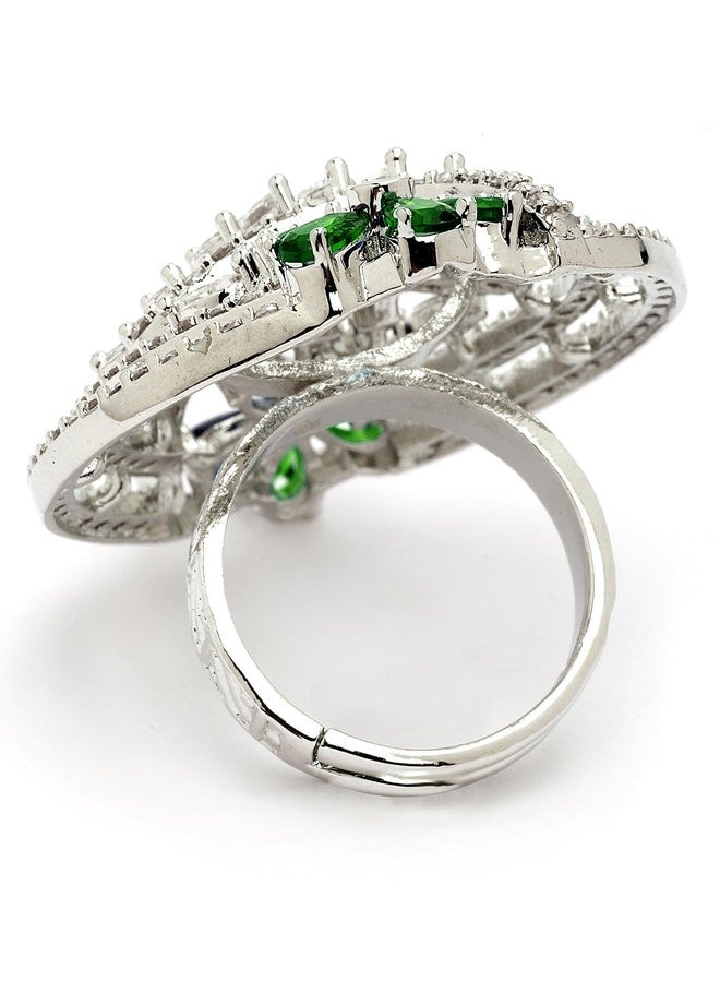 Karatcart Stylish Green American Diamond Silver-Plated Round Floral Cocktail Rings for Women - Image 5