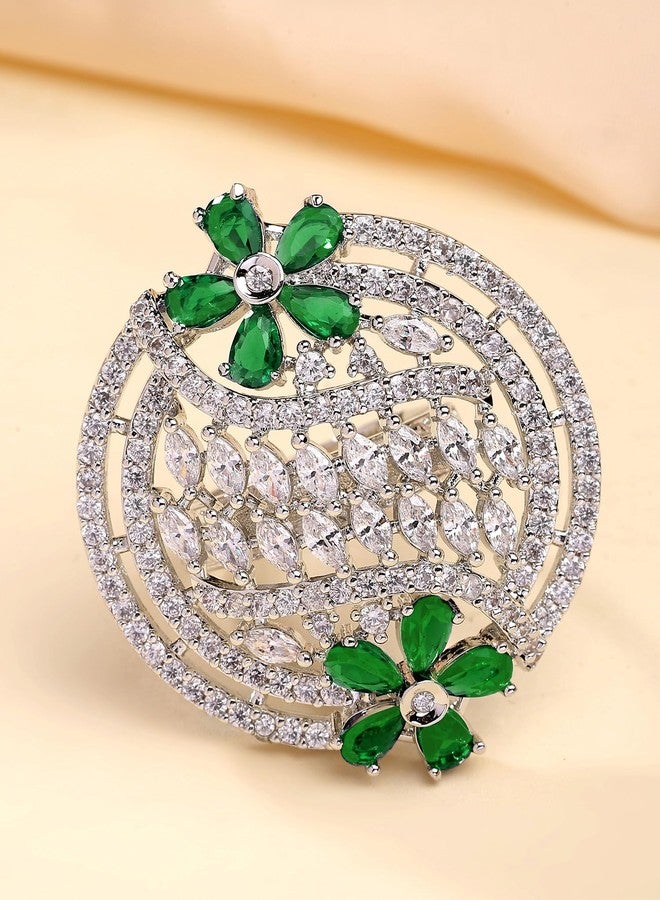 Karatcart Stylish Green American Diamond Silver-Plated Round Floral Cocktail Rings for Women - Image 3