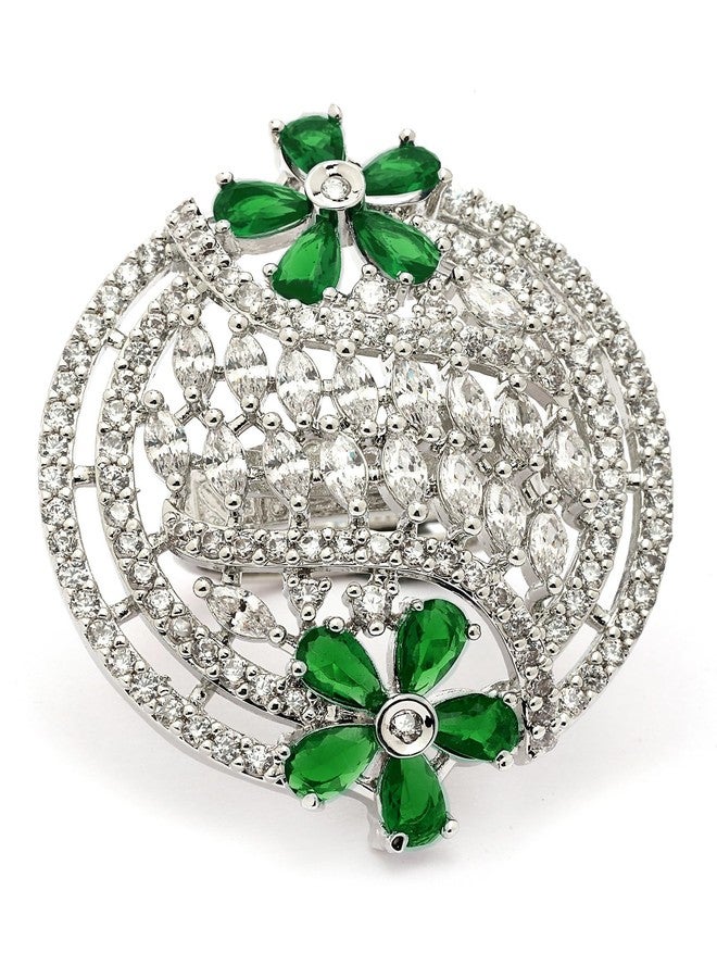 Karatcart Stylish Green American Diamond Silver-Plated Round Floral Cocktail Rings for Women - Image 1