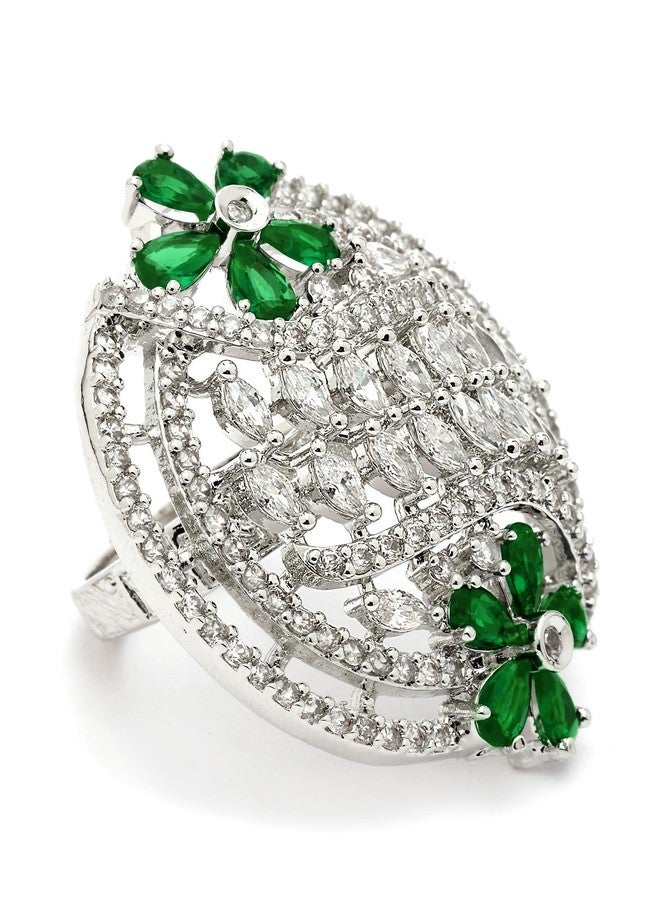 Karatcart Stylish Green American Diamond Silver-Plated Round Floral Cocktail Rings for Women - Image 4
