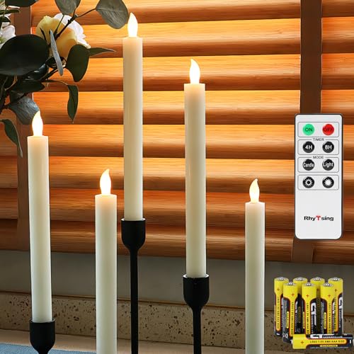 Rhytsing 10" Ivory Flameless Taper Candles with Timer, Battery Operated Dinner Candlesticks, Push-Activated, Textured Wax Finish, Warm White Light, Remote & 10 Batteries Included - Set of 5 - Image 1