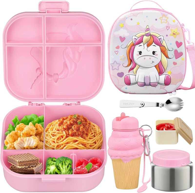 Aimsnk Kids Lunch Box Set -12oz Insulated Food Jar, Thermal Bag,Leakproof Lunch Food Containers Cutlery (BPA Free)-Gift for Girls/Boys Age 3-10 (Pink) - Image 1