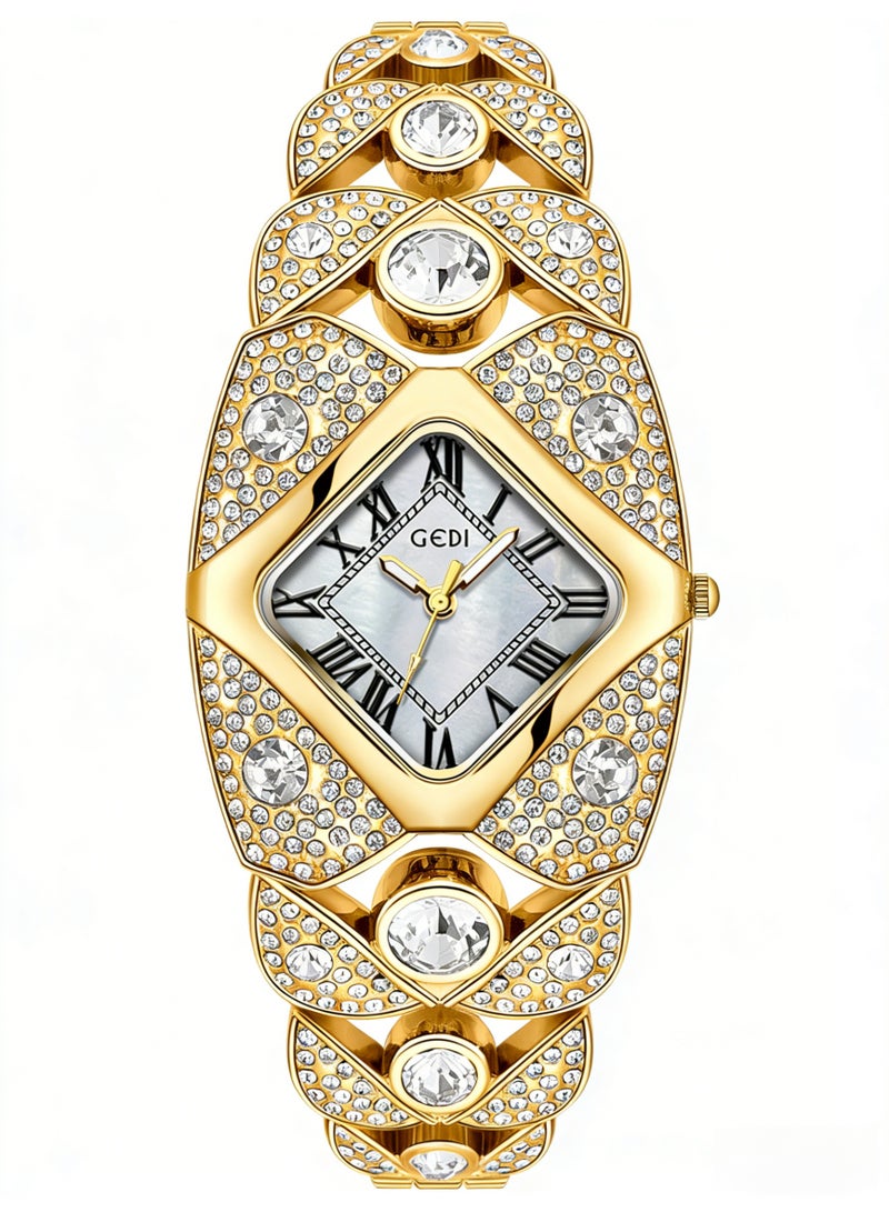 جدي GEDI Luxury Gold Crystal Watch for Women | Gold-Tone Stainless Steel Bracelet, Mother-of-Pearl Dial, Roman Numerals | Perfect Gift for Birthday, Anniversary & Special Occasions in Saudi Arabia - Image 1