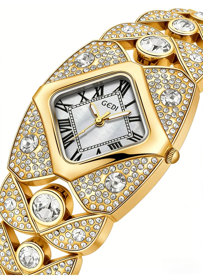 جدي GEDI Luxury Gold Crystal Watch for Women | Gold-Tone Stainless Steel Bracelet, Mother-of-Pearl Dial, Roman Numerals | Perfect Gift for Birthday, Anniversary & Special Occasions in Saudi Arabia - Image 3