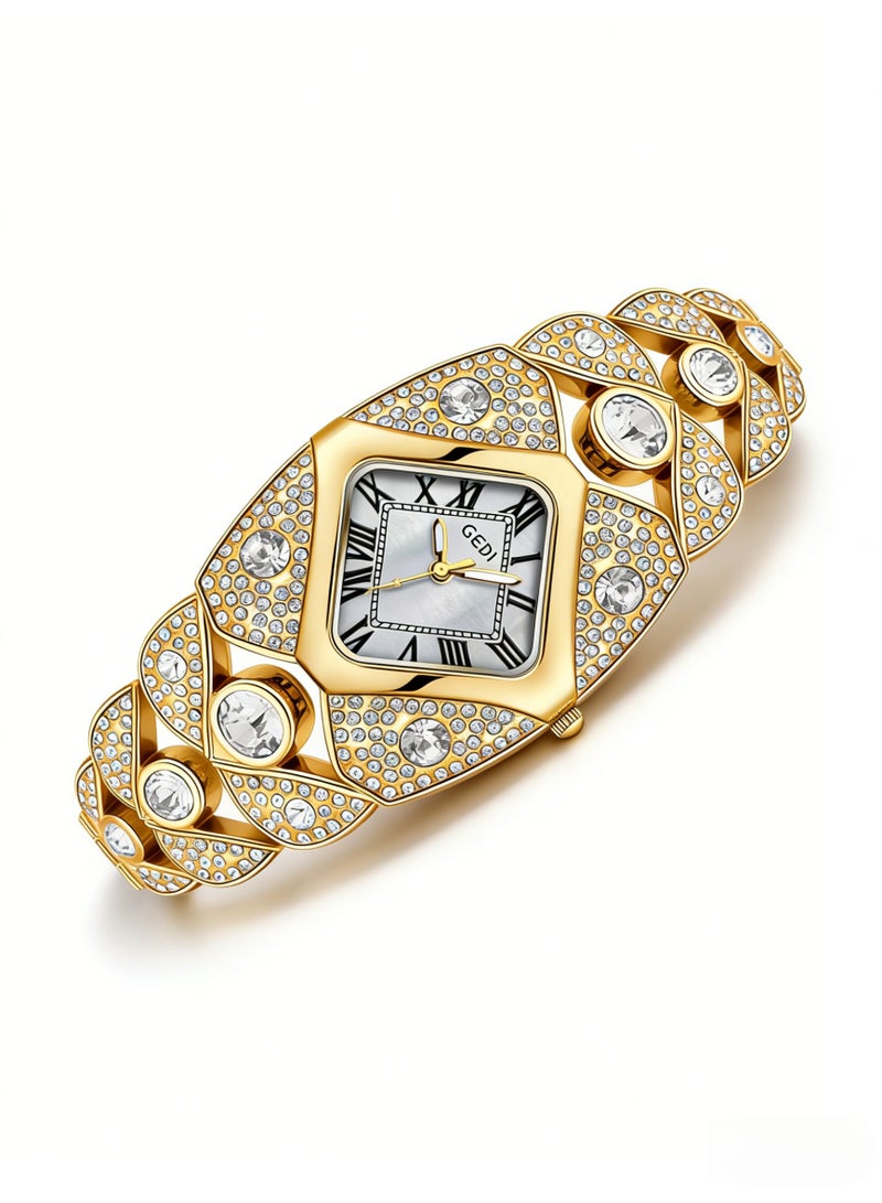 جدي GEDI Luxury Gold Crystal Watch for Women | Gold-Tone Stainless Steel Bracelet, Mother-of-Pearl Dial, Roman Numerals | Perfect Gift for Birthday, Anniversary & Special Occasions in Saudi Arabia - Image 2