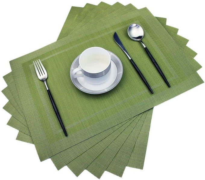 PLACEMATSHEAT INSULATION NON SLIP PLASTIC PLACEMATSWASHABLE EASY TO CLEAN WOVEN VINYL KITCHEN STAIN RESISTANT PLACEMATS FOR DINING TABLE SET OF 6 OLIVE GREEN