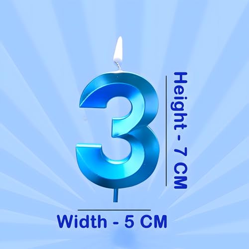Juzfun Number Candles 3 Year Birthday Cake Topper Decoration Third Year Wedding Anniversary Party Metallic Blue Colour Size : Width 5 x Height 7 CM - Image 2