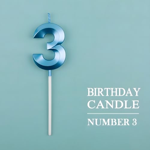 Juzfun Number Candles 3 Year Birthday Cake Topper Decoration Third Year Wedding Anniversary Party Metallic Blue Colour Size : Width 5 x Height 7 CM - Image 4