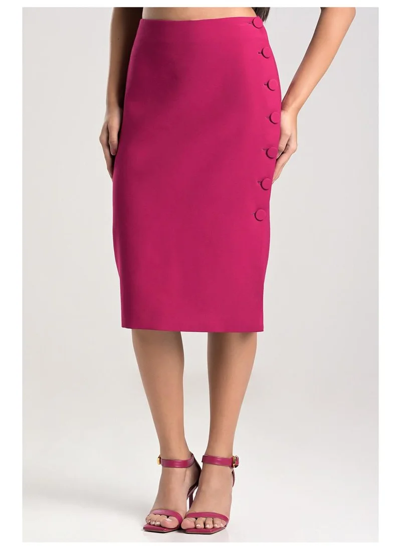 Fuchsia Midi Skirt with Slit and Buttons