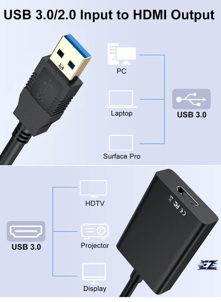 Gravity USB to HDMI Adapter - HD 1080P Video Graphics Cable for Multiple Monitors, USB 3.0/2.0 to HDMI Audio Video Adapter for PC, Laptop, Projector, Monitor, HDTV - Windows Compatible, Plug & Play, High-Performance for Streaming & Gaming, Multi-Display Support, Seamless Connectivity, Black - Image 2