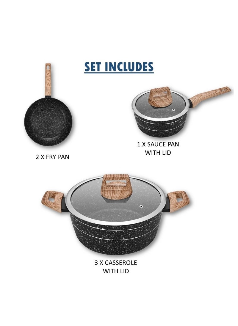 Auroware Auroware 10 Piece Non Stick Cookware Set Forged Aluminium Wooden Finish Frying pan Casserole with Lid Sauce pan with Lid PFOA Free  - Image 2