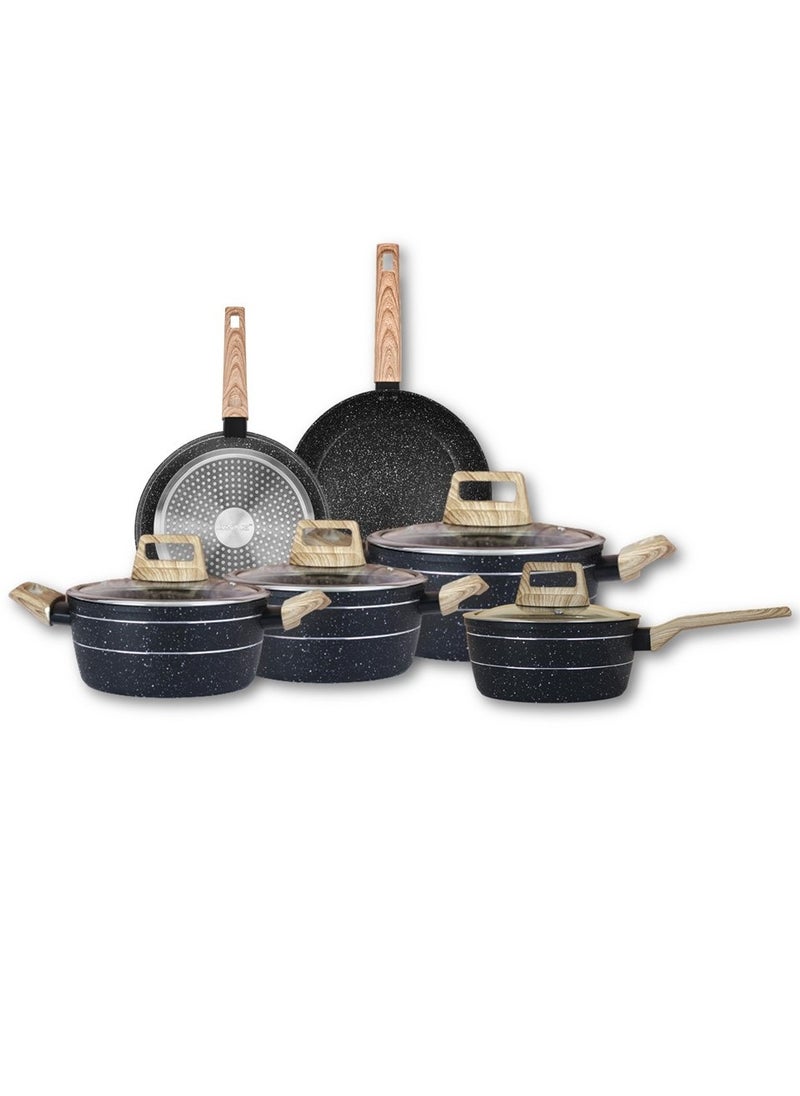 Auroware Auroware 10 Piece Non Stick Cookware Set Forged Aluminium Wooden Finish Frying pan Casserole with Lid Sauce pan with Lid PFOA Free  - Image 1