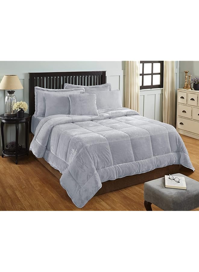 erorex Ultra Soft Plush Sherpa Flannel Winter Comforter Set King Size Blue 7 Pcs