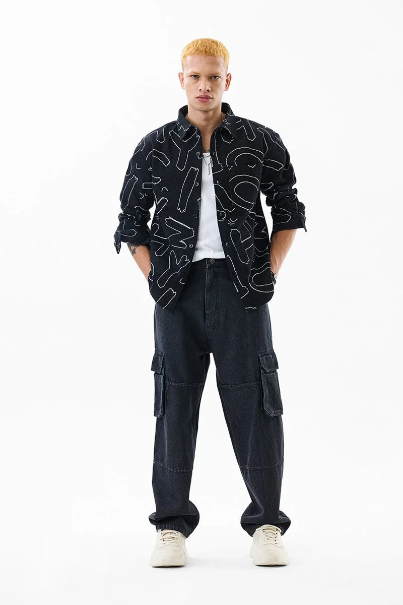 سنيتش Black Abstract Long Sleeve Relaxed Streetwear Overshirt