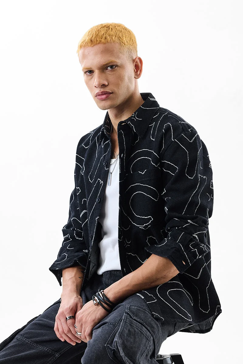 سنيتش Black Abstract Long Sleeve Relaxed Streetwear Overshirt
