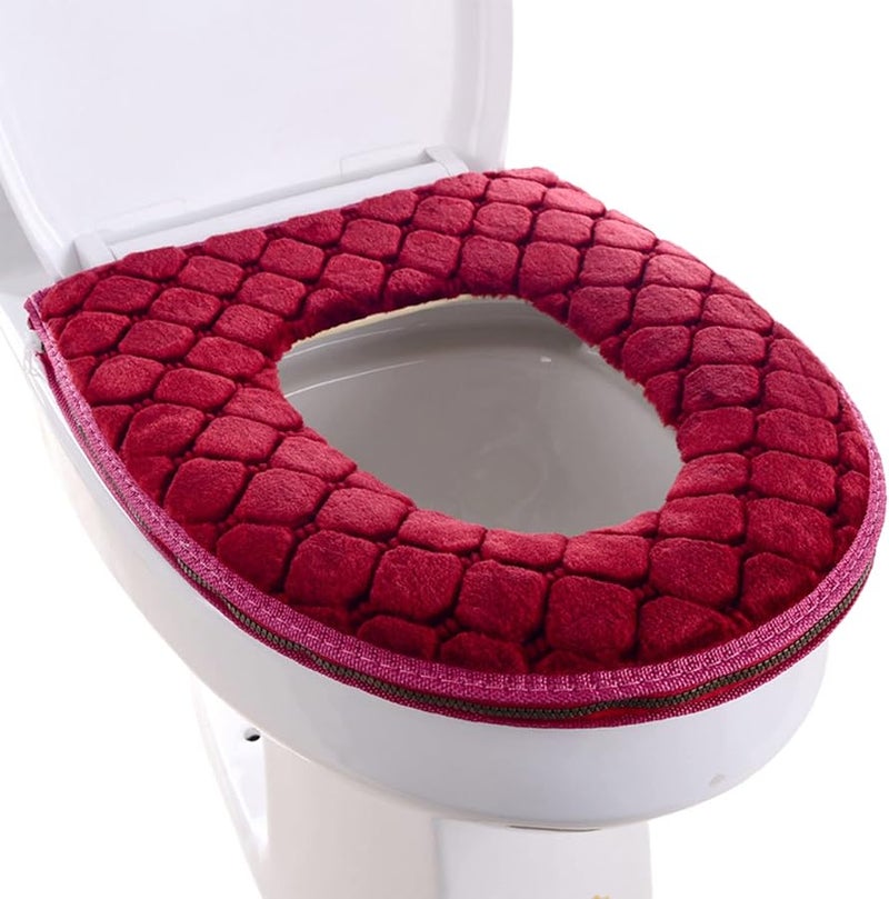 Red Soft Washable Toilet Seat Cover Pad With Zipper Closure U Shaped Cushion Warmer - Image 2