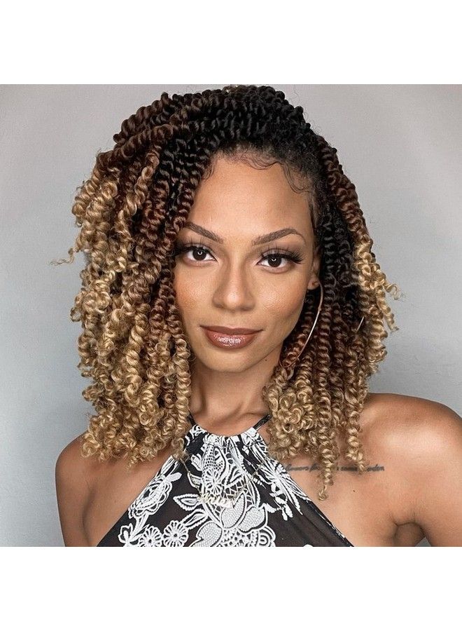 Leeven Pre Twisted Passion Twist Crochet Hair 10 Inch 8 Packs Pre Looped Ombre Blonde Bomb Twists 3 Tone Short Curly Bohemian Synthetic Braiding Hair For Black Women 12 Strands/Pack #1B/30/27 - Image 1