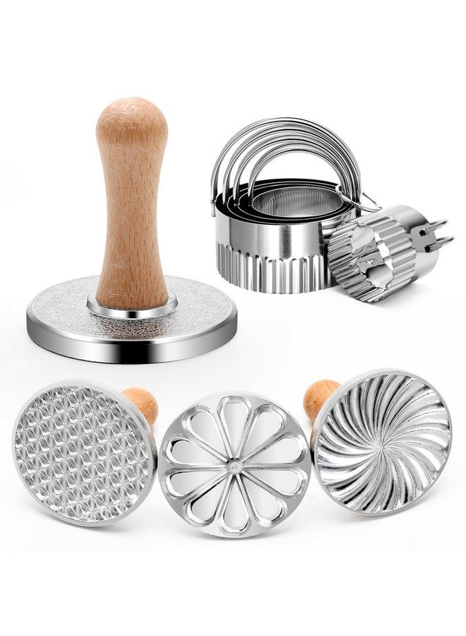 Luxiv 3+5 Cookie Stamps Biscuit Cutter Set, Luxiv 3 Molds Metal Cookie Press Mold Wooden Handle Biscuit Embossing Stamp Mold, 5 Size Cookie Cutter Tool, Hand-press Cookie Stamper for DIY Baking Tool - Image 1