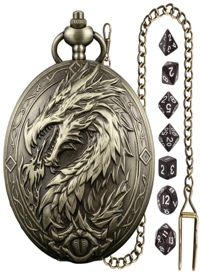 WizardsArcanum D&D Dice Set, 7PCS mini Dice with Pocket Watch Case, Easy-to-Read Colored Numbers, Dungeons and Dragons RPG Game Dice Set with Watch Shell, Dragon Design Bronze - Image 1