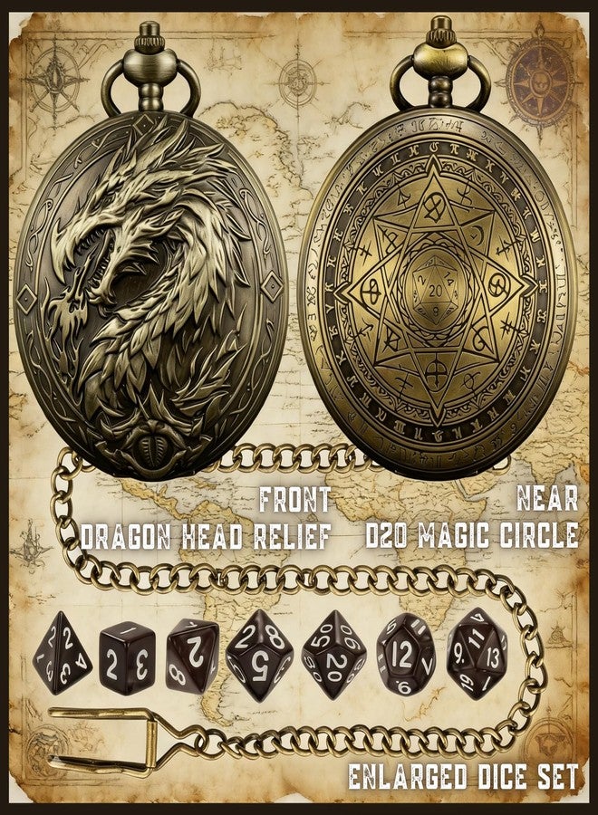 WizardsArcanum D&D Dice Set, 7PCS mini Dice with Pocket Watch Case, Easy-to-Read Colored Numbers, Dungeons and Dragons RPG Game Dice Set with Watch Shell, Dragon Design Bronze - Image 2