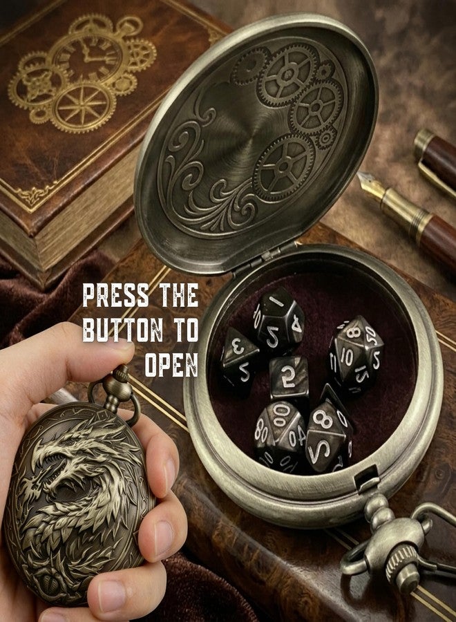 WizardsArcanum D&D Dice Set, 7PCS mini Dice with Pocket Watch Case, Easy-to-Read Colored Numbers, Dungeons and Dragons RPG Game Dice Set with Watch Shell, Dragon Design Bronze - Image 5