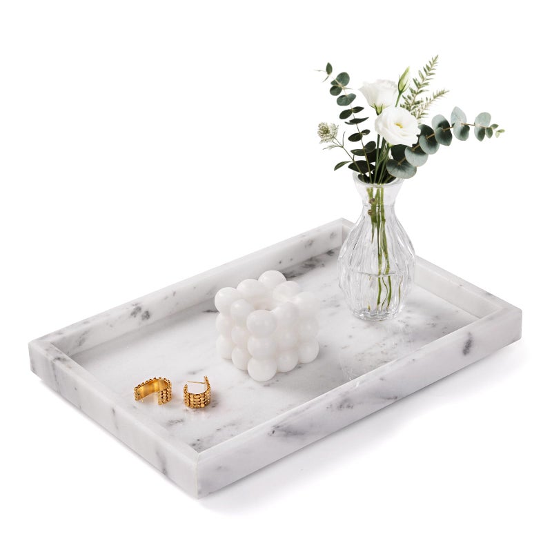 Homaura Marble Bathroom Tray for Countertop & Home Decor, Natural Decorative Marble Tray for Jewelry & Perfume Organizer, Luxury Stone Vanity Trays for Dresser, Kitchen Counter, 12" x 8", Starry White - Image 1