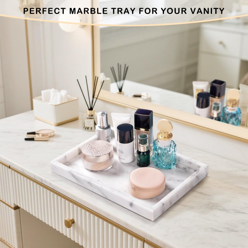 Homaura Marble Bathroom Tray for Countertop & Home Decor, Natural Decorative Marble Tray for Jewelry & Perfume Organizer, Luxury Stone Vanity Trays for Dresser, Kitchen Counter, 12" x 8", Starry White - Image 5
