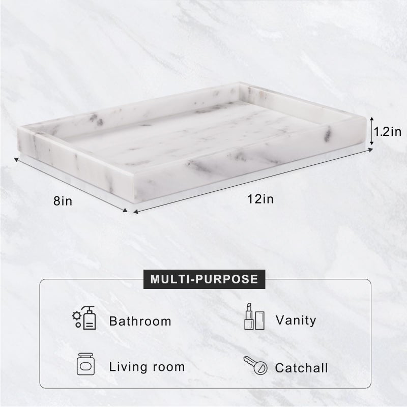 Homaura Marble Bathroom Tray for Countertop & Home Decor, Natural Decorative Marble Tray for Jewelry & Perfume Organizer, Luxury Stone Vanity Trays for Dresser, Kitchen Counter, 12" x 8", Starry White - Image 3
