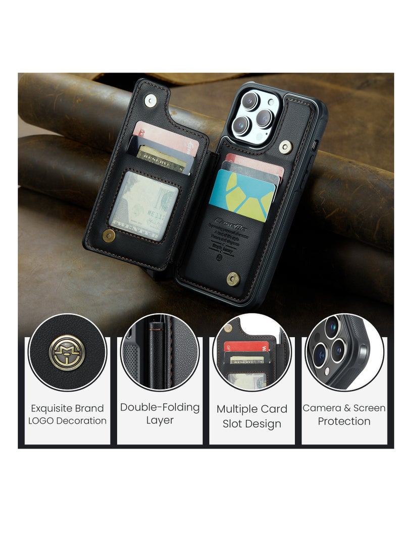 CaseMe - Wallet Case for Apple iPhone 14 Pro Max, Premium Handmade Durable PU Leather Slim Shockproof Case with [Double Magnetic Clasp] [Card Holder] [Kickstand] [RFID Blocking] (Black) - Image 1