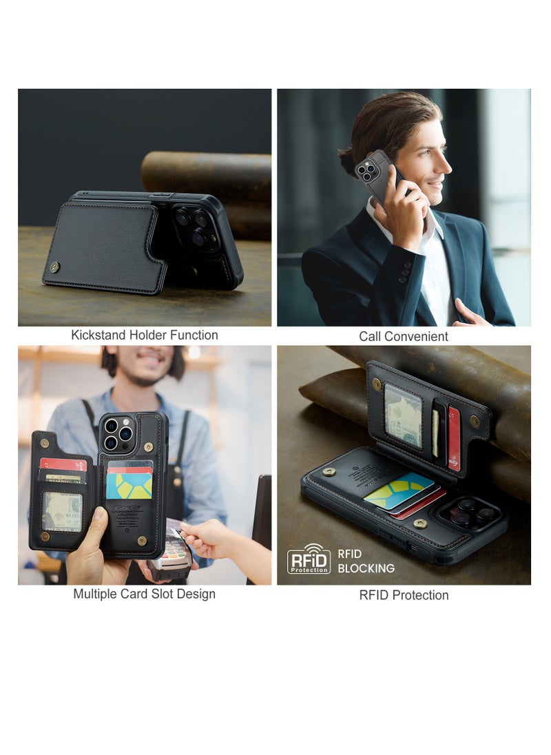 CaseMe - Wallet Case for Apple iPhone 14 Pro Max, Premium Handmade Durable PU Leather Slim Shockproof Case with [Double Magnetic Clasp] [Card Holder] [Kickstand] [RFID Blocking] (Black) - Image 1