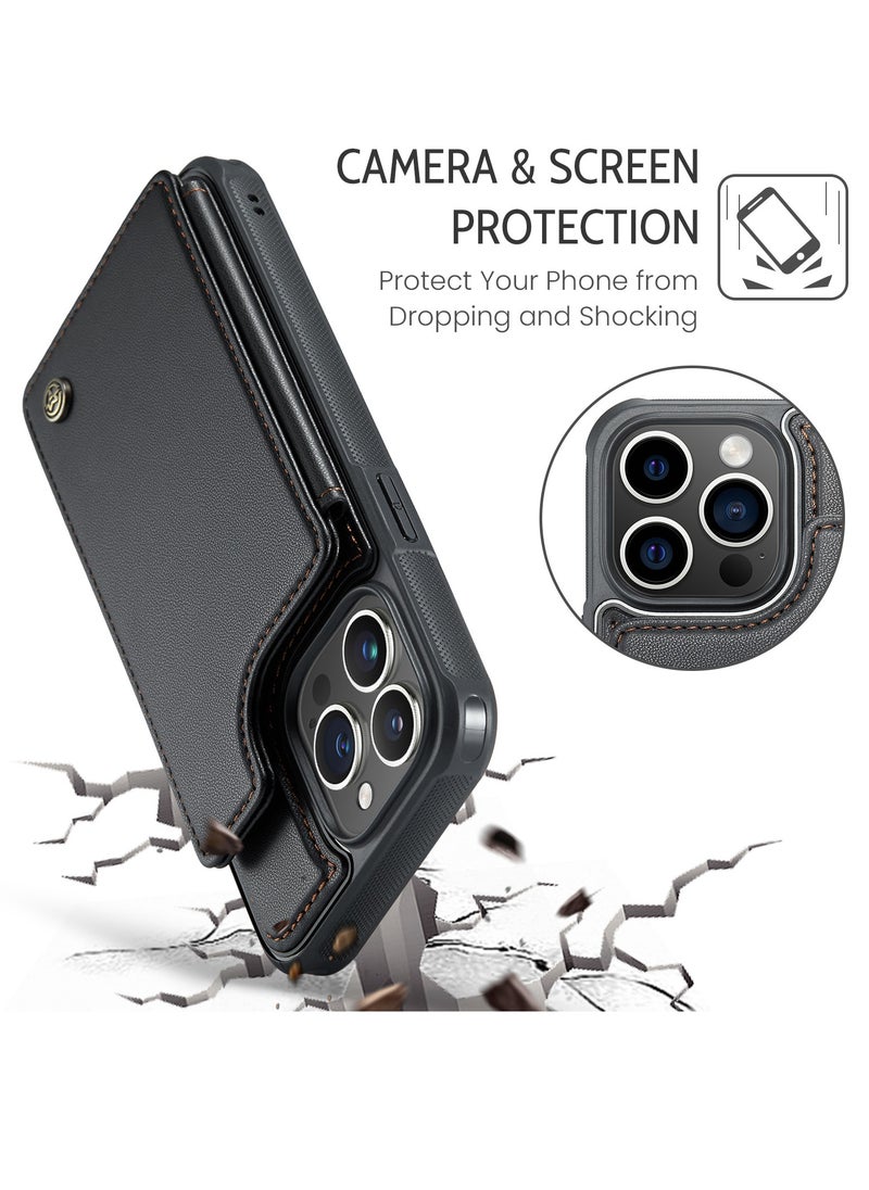 CaseMe - Wallet Case for Apple iPhone 14 Pro Max, Premium Handmade Durable PU Leather Slim Shockproof Case with [Double Magnetic Clasp] [Card Holder] [Kickstand] [RFID Blocking] (Black) - Image 1