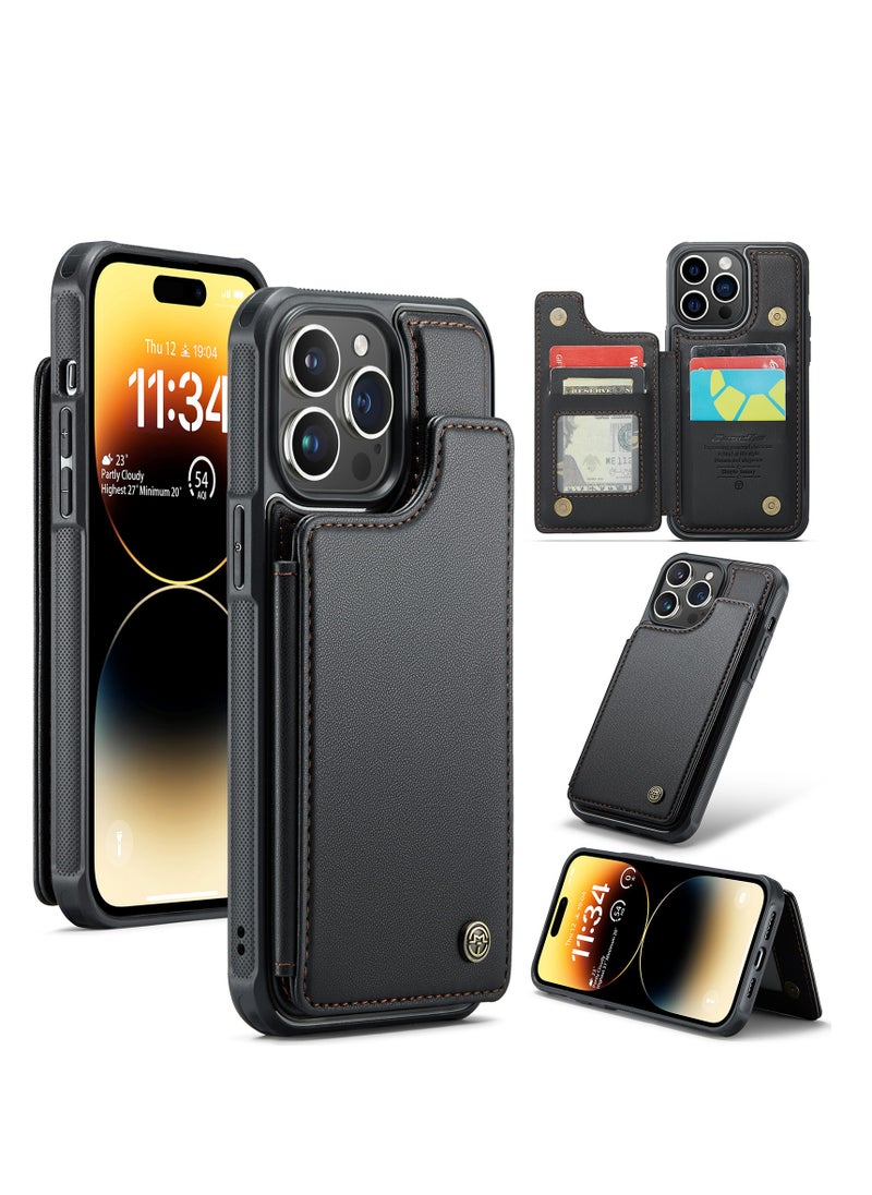 CaseMe - Wallet Case for Apple iPhone 14 Pro Max, Premium Handmade Durable PU Leather Slim Shockproof Case with [Double Magnetic Clasp] [Card Holder] [Kickstand] [RFID Blocking] (Black) - Image 1