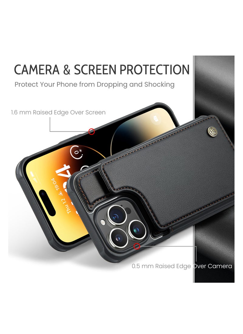CaseMe - Wallet Case for Apple iPhone 14 Pro Max, Premium Handmade Durable PU Leather Slim Shockproof Case with [Double Magnetic Clasp] [Card Holder] [Kickstand] [RFID Blocking] (Black) - Image 1