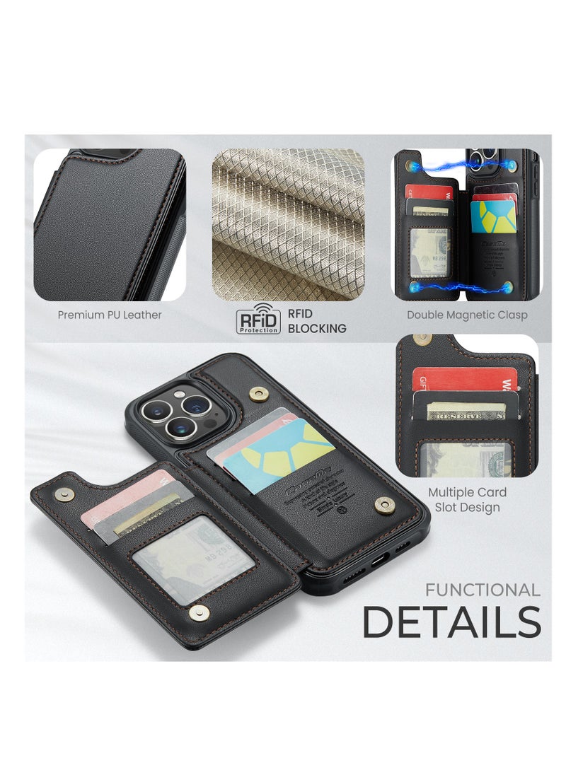 CaseMe - Wallet Case for Apple iPhone 14 Pro Max, Premium Handmade Durable PU Leather Slim Shockproof Case with [Double Magnetic Clasp] [Card Holder] [Kickstand] [RFID Blocking] (Black) - Image 1
