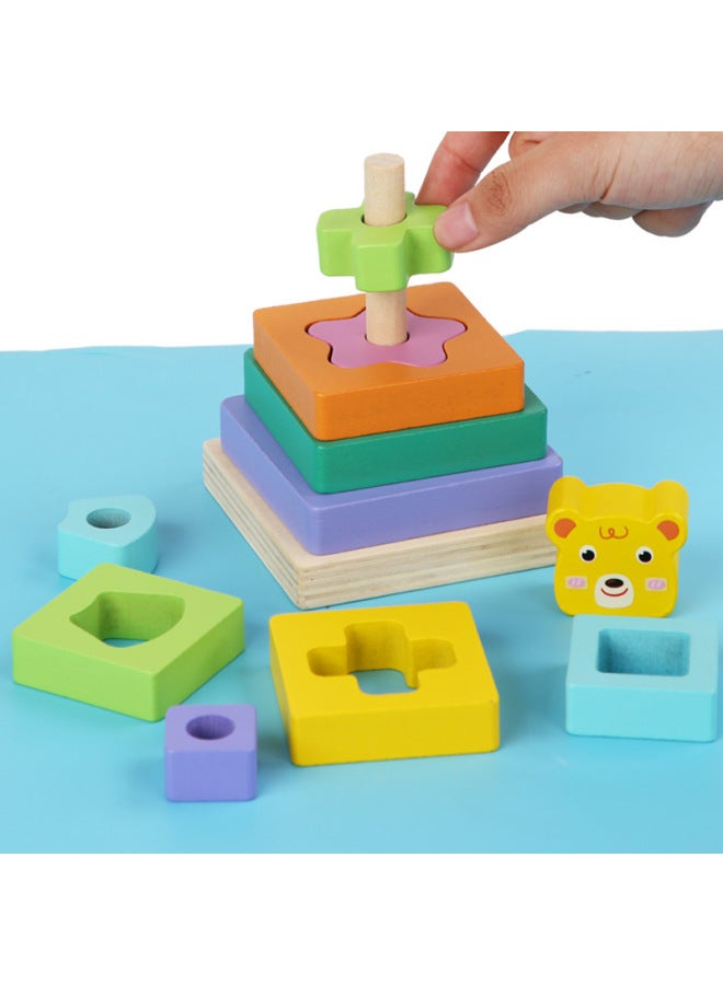 Double-layer Animal Set Tower Geometric Shape Animal Set Column Early Education Children's Wooden Toys Desktop Games Wholesale-Color:Kitten Shape Tower HXBE - Image 3