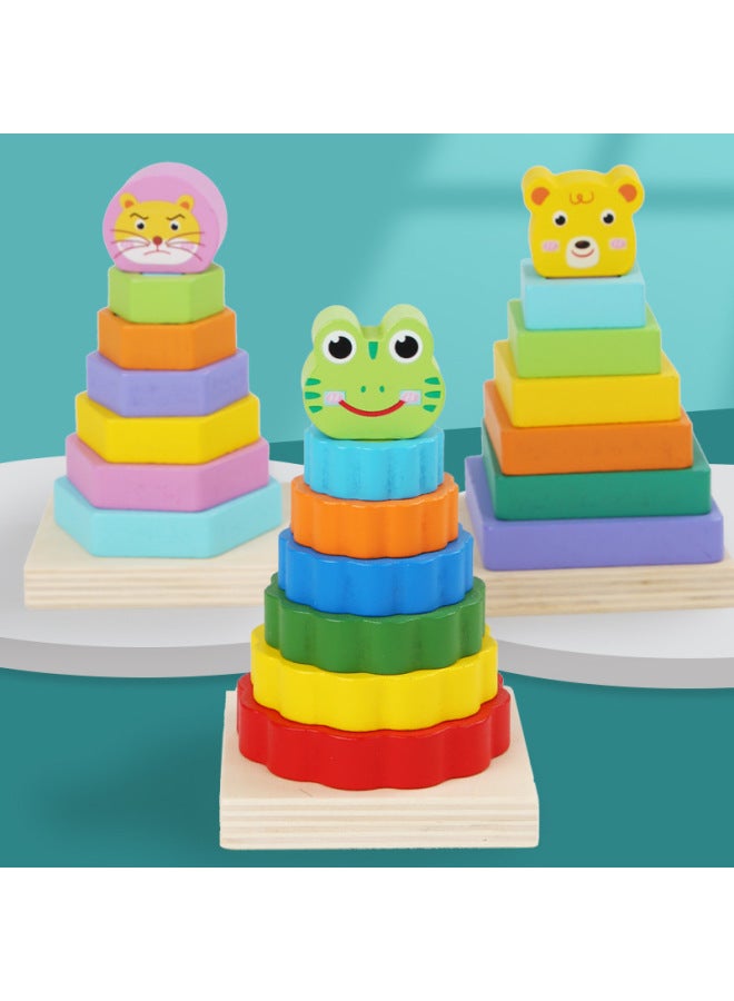 Double-layer Animal Set Tower Geometric Shape Animal Set Column Early Education Children's Wooden Toys Desktop Games Wholesale-Color:Kitten Shape Tower HXBE - Image 2