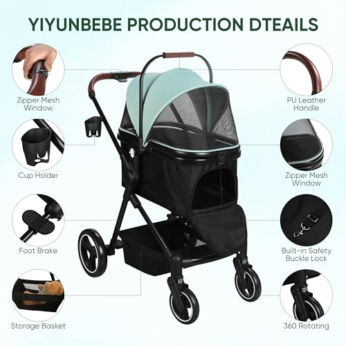 YIYUNBEBE Foldable Dog Stroller, 3 in 1 Pet Stroller for Small Medium Dog Cat up to 50lbs, Detachble Portable Pet Bag, Storage Basket and One-Button Folding Frame - Image 4