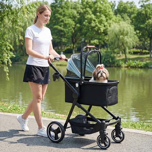 YIYUNBEBE Foldable Dog Stroller, 3 in 1 Pet Stroller for Small Medium Dog Cat up to 50lbs, Detachble Portable Pet Bag, Storage Basket and One-Button Folding Frame - Image 2